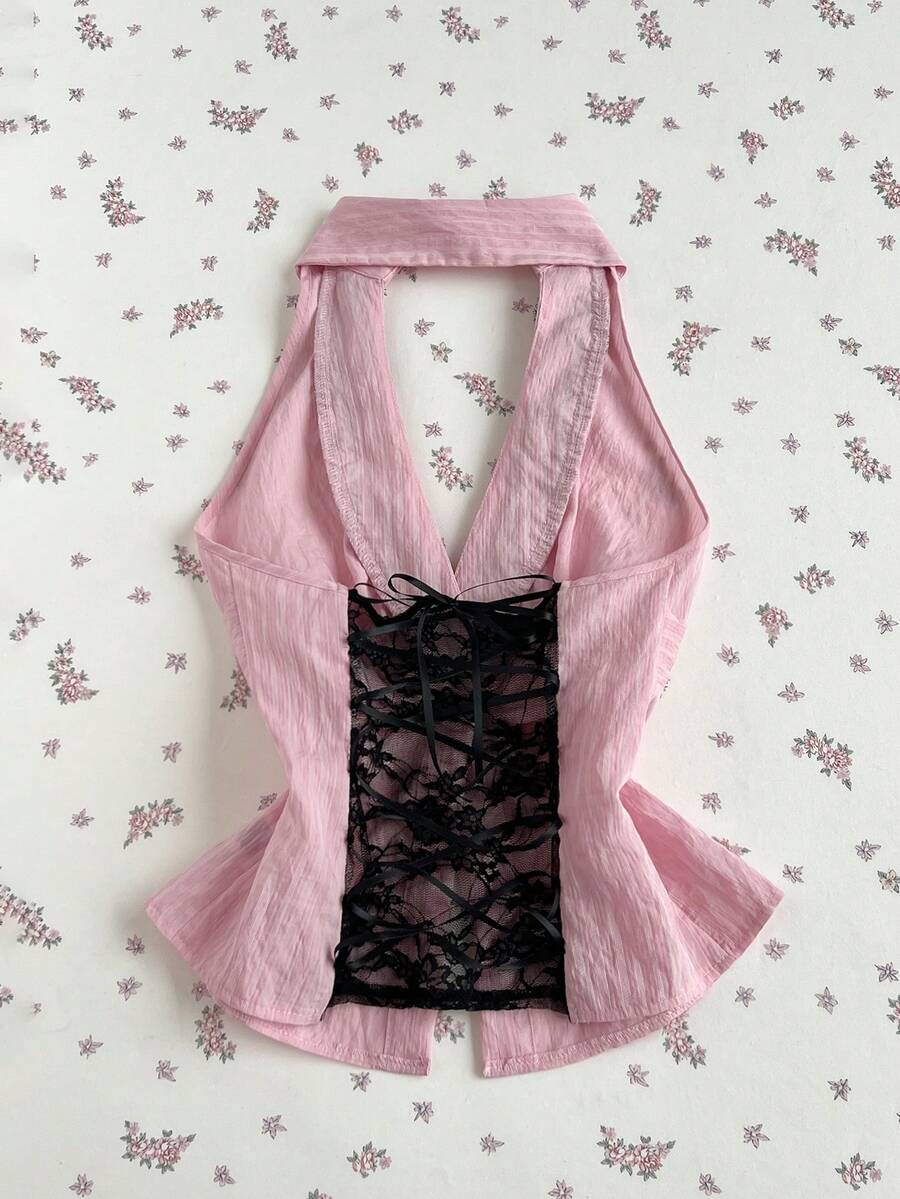 Pink Lace-Up Halter Top
